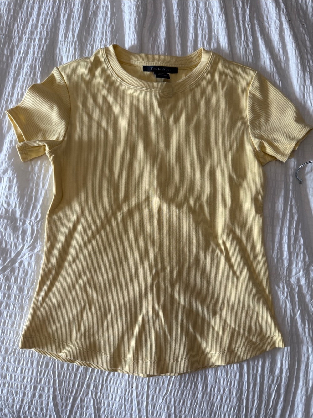Tahari Yellow Ribbed Short Sleeve Crew Tee